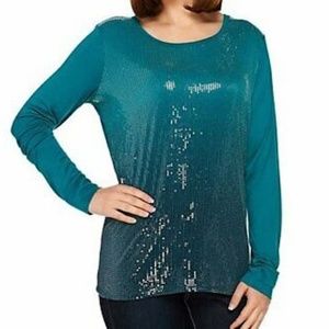 Clinton Kelly Long Sleeve Sequin Tee Teal Ombre